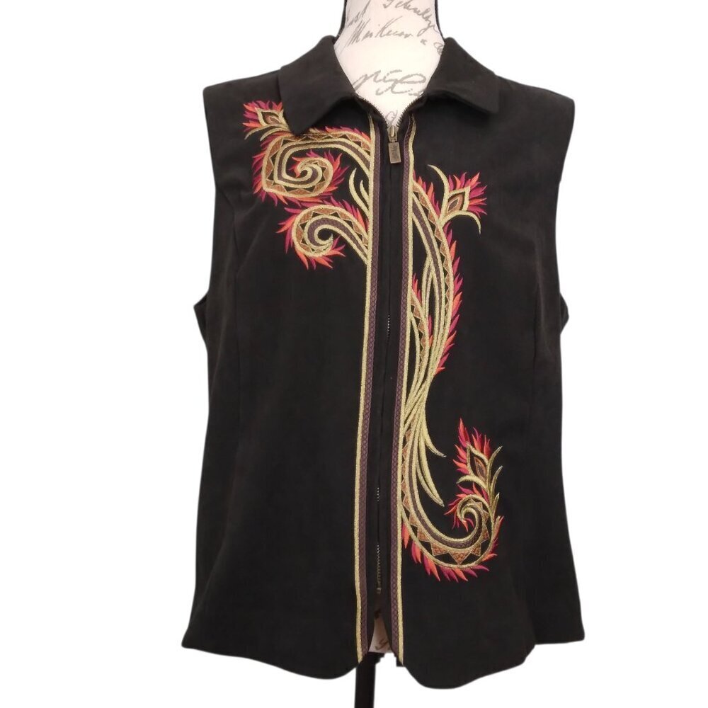 Bob Mackie | Black Faux Suede Embroidered Vest Front Zip | Size L